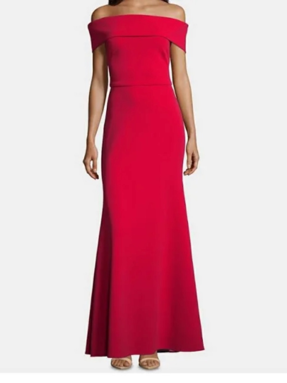 Betsy Adam’s Red Hot Off The Shoulder Gown Ruffled Back Train Size 6